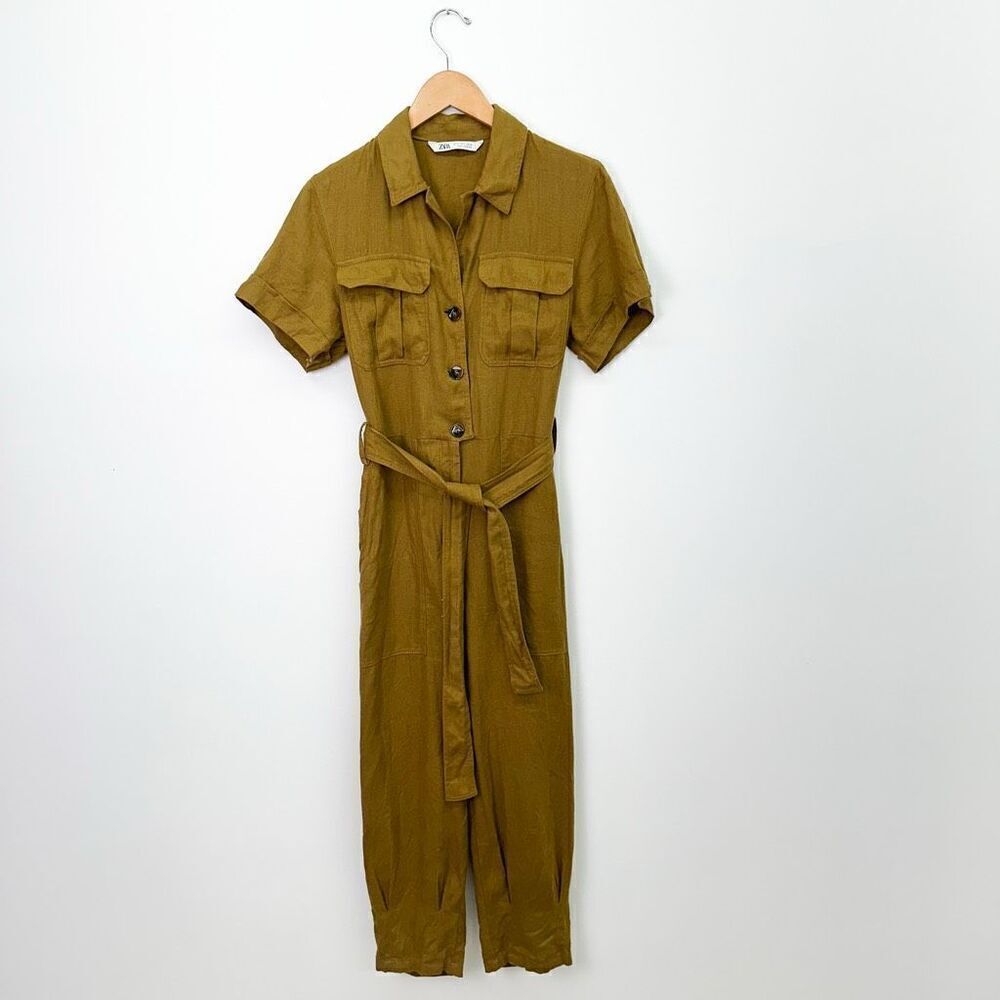 ZaraโWomenโs Deep Mustard Yellow Linen Shortsleeved Tapered LegโJumpsuit